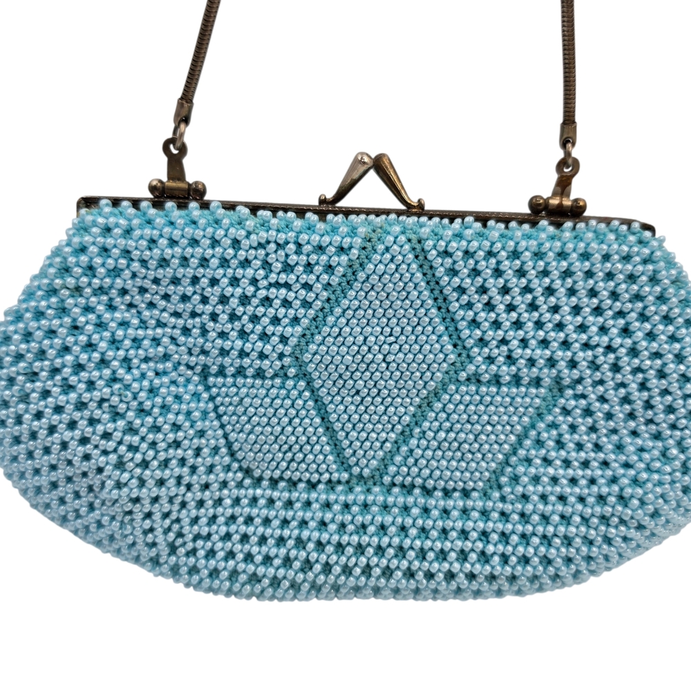 Vintage teal blue beaded clutch handbag kiss lock satin lined